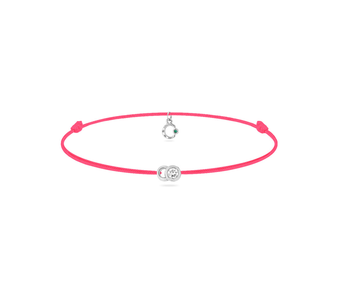 Bracelet cordon LET'S COMMIT rose fluo en or blanc - Face