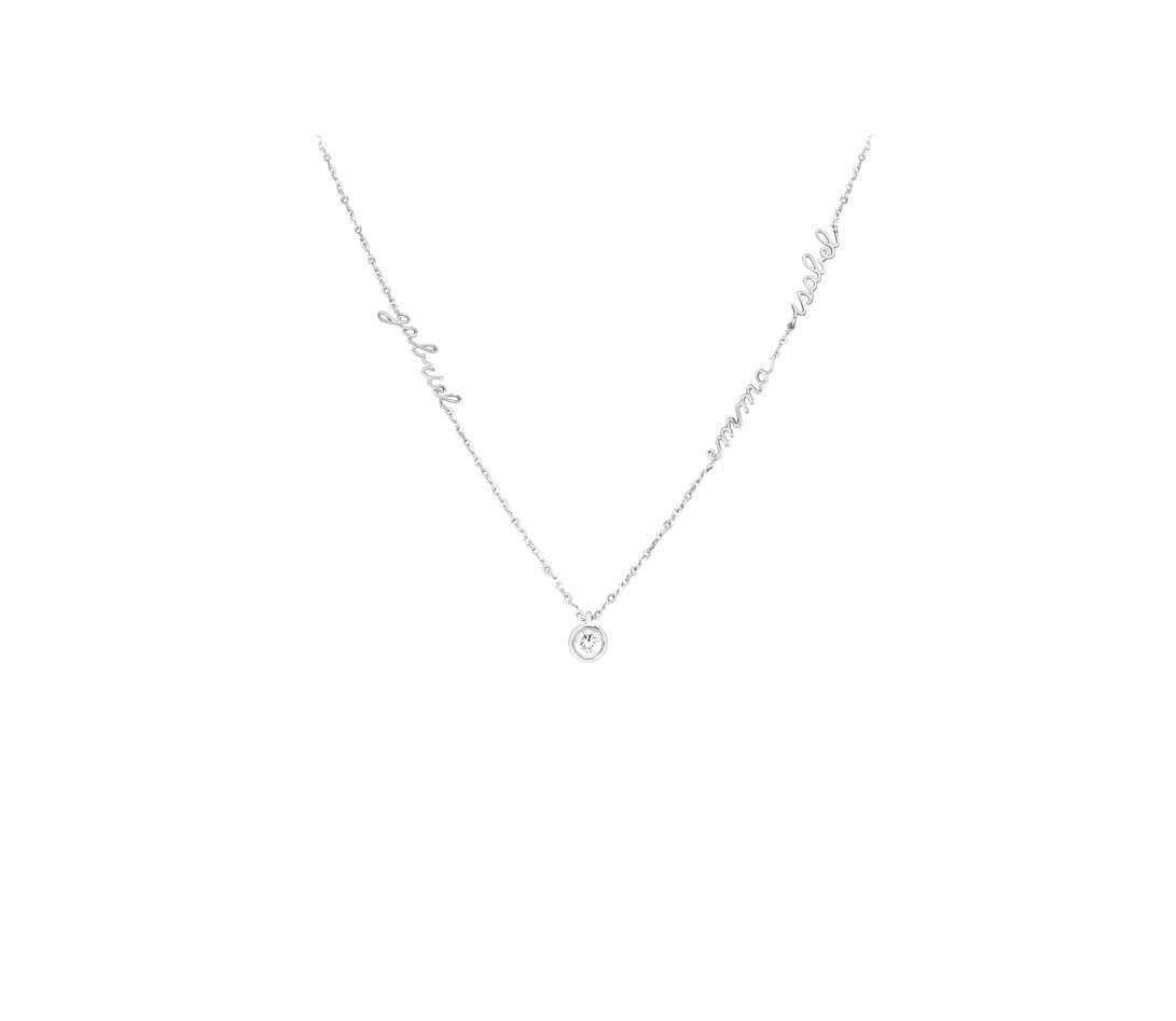 Collier Personnalisé 3 prénoms Or Blanc et Diamant de synthèse 0,1 ct