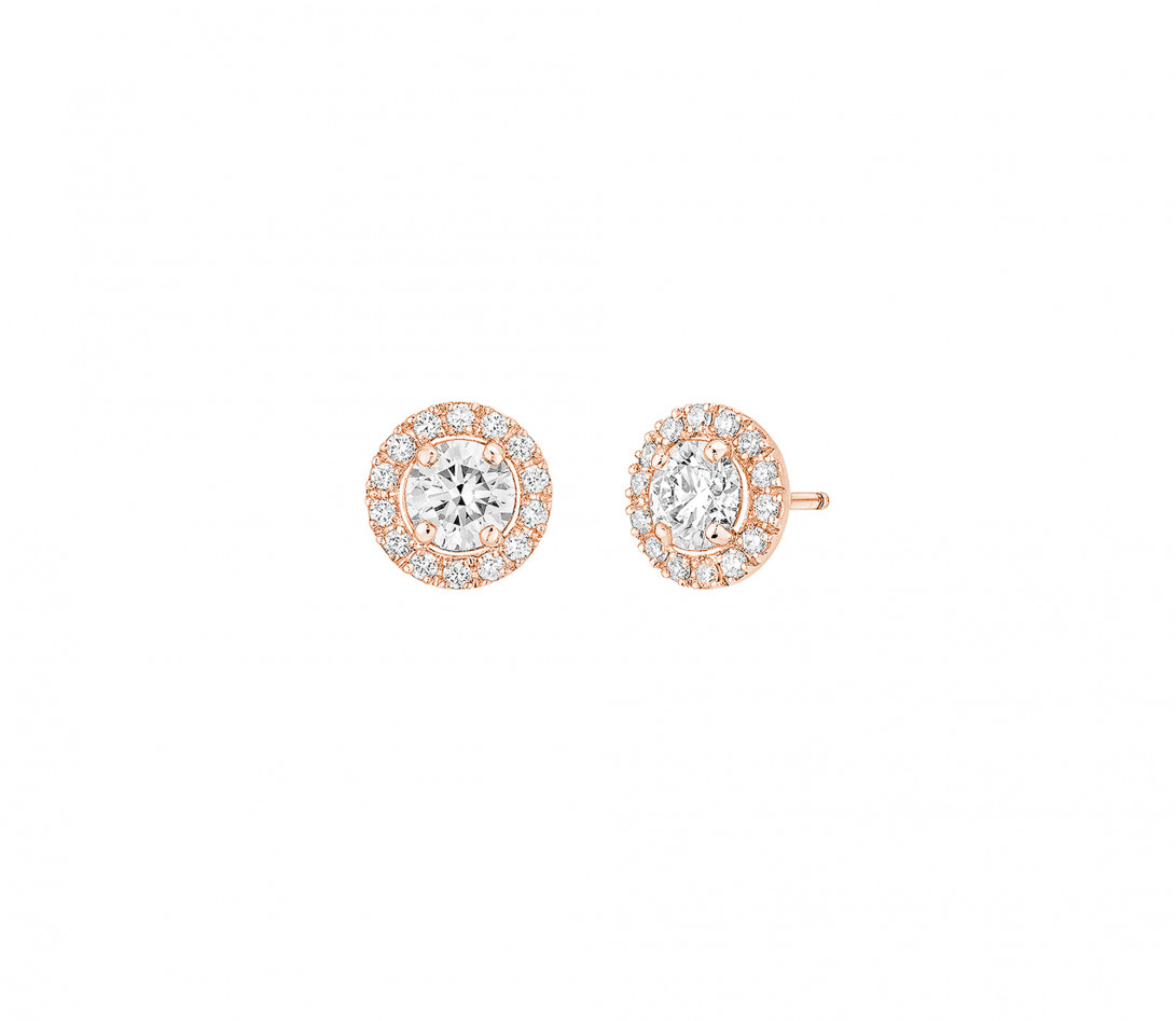 Boucles d'oreilles puces Halo en or rose et diamants de synthèse 0,4ct