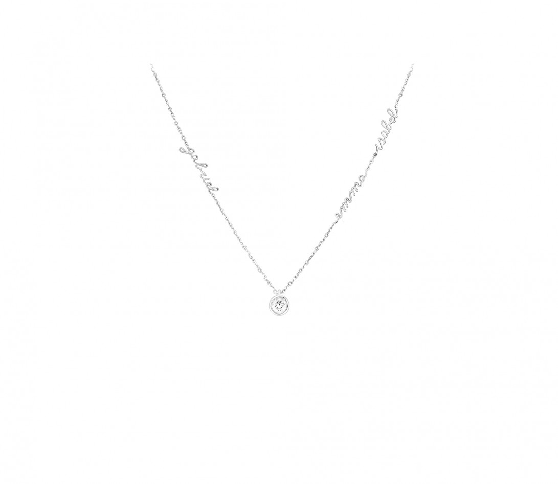 Collier Personnalisé 3 prénoms Or Blanc et Diamant de synthèse