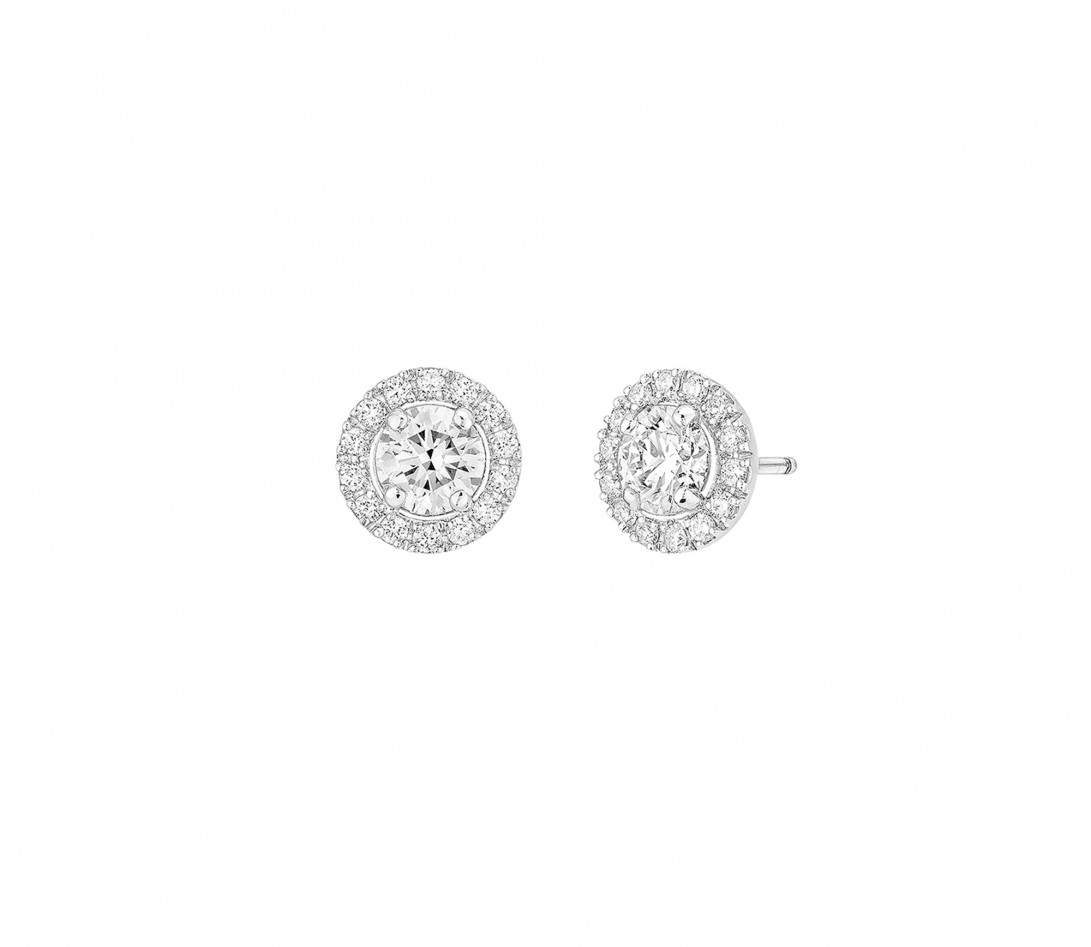 Boucles d'oreilles puces Halo en or blanc et diamants de synthèse 1ct