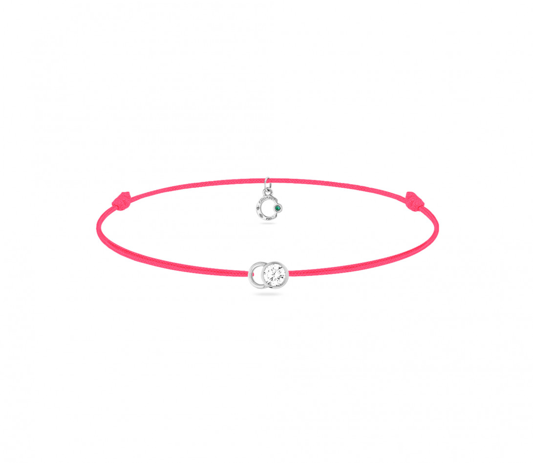 Bracelet cordon LET'S COMMIT rose fluo en or blanc - Face